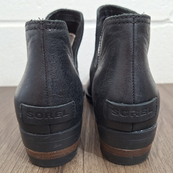 Sorel Lolla Cut-Out Leather Ankle Boots Black Round Toe Stacked Heel Women's 7.5 - Picture 2 of 9